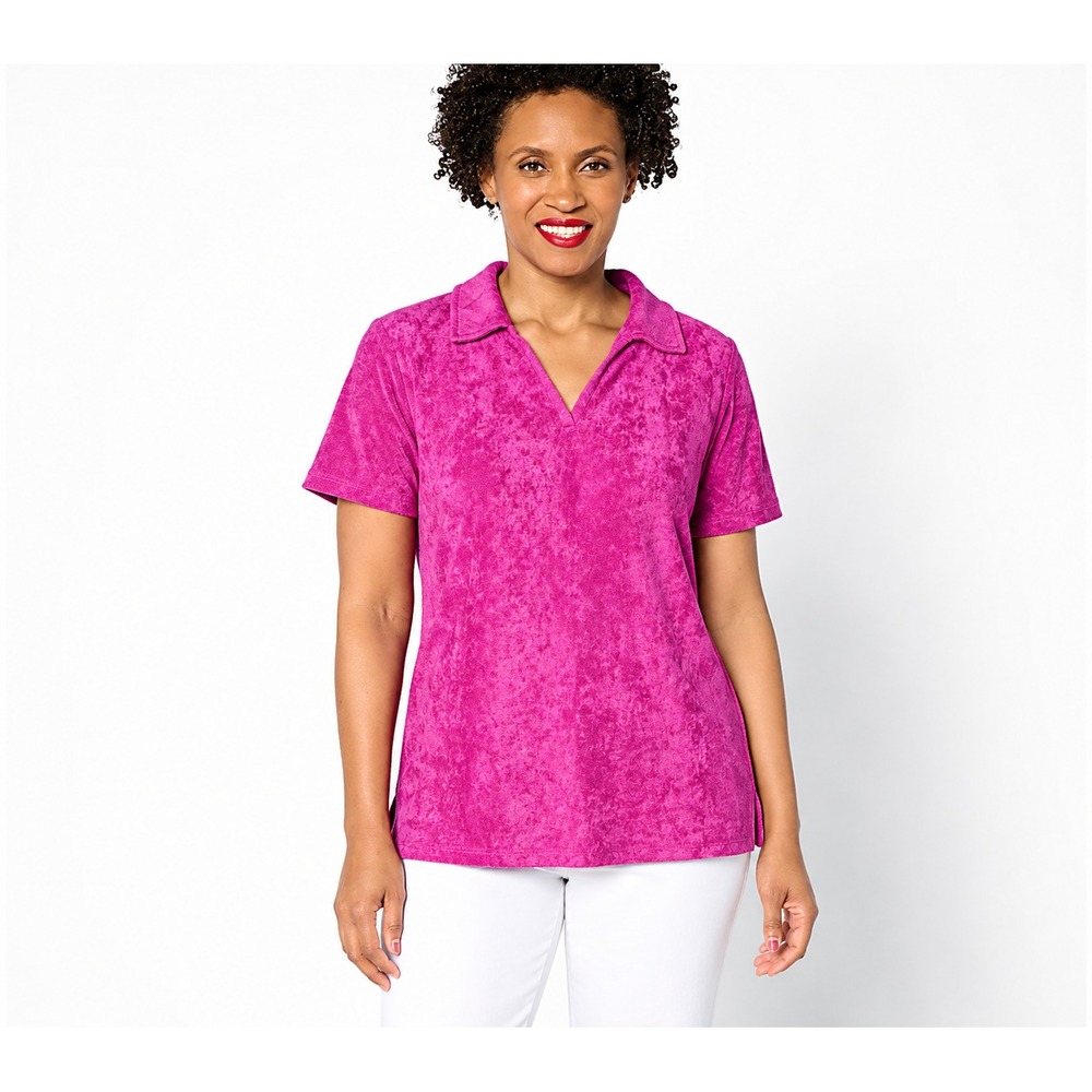 Belle Beach by Kim Gravel Poolside Terry Slub Polo Top Pink Medium